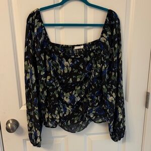 Black Floral Peasant Blouse with Blue & Green Accents